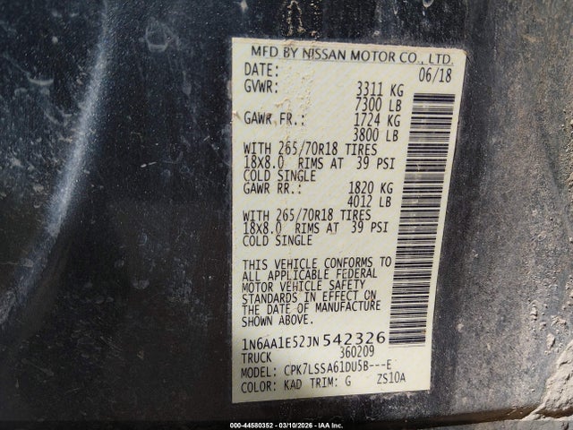 Auction sale of the 2018 Nissan Titan Sv, vin: 1N6AA1E52JN542326, lot number: 44580352