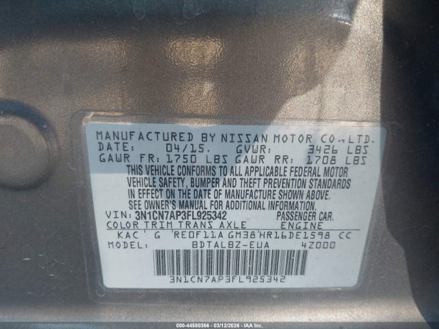 3N1CN7AP3FL925342 Nissan Versa 1.6 Sv