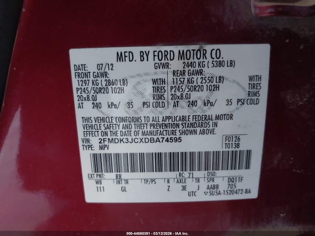 Aukcja sprzedaży 2013 Ford Edge Sel, vin: 2FMDK3JCXDBA74595, numer aukcji: 44580391