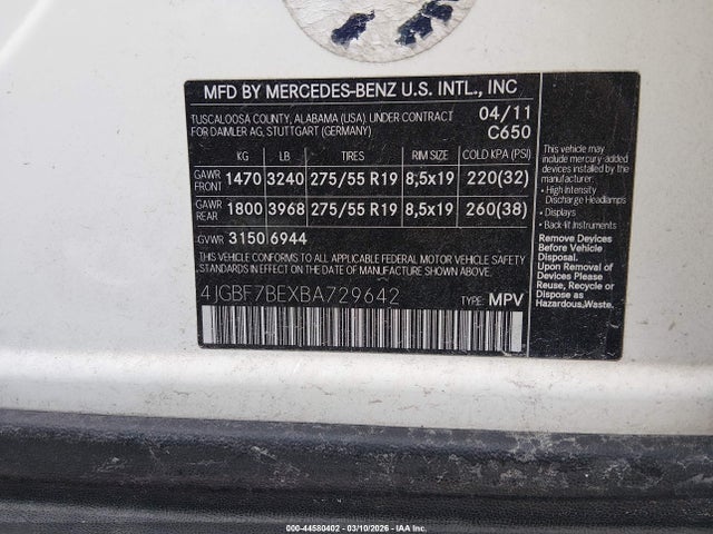 2011 Mercedes-benz Gl 450 4matic მანქანა იყიდება აუქციონზე, vin: 4JGBF7BEXBA729642, აუქციონის ნომერი: 44580402