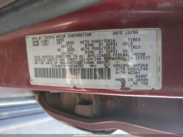 44580403 :رقم المزاد ، JT3HN87R4Y9036003 vin ، 2000 Toyota 4runner Limited V6 مزاد بيع