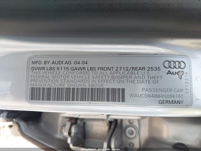 44580410 :رقم المزاد ، WAUCD64B84N096742 vin ، 2004 Audi A6 2.7t S-line مزاد بيع