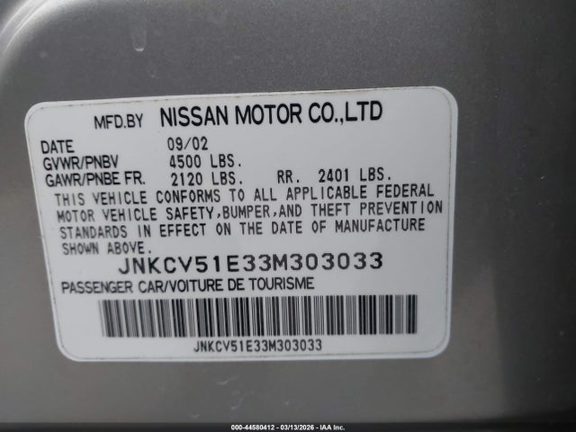 Aukcja sprzedaży 2003 Infiniti G35 Luxury, vin: JNKCV51E33M303033, numer aukcji: 44580412