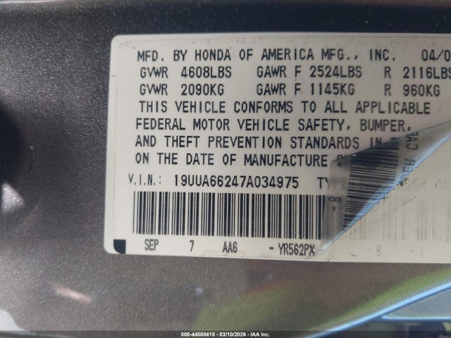 Aukcja sprzedaży 2007 Acura Tl 3.2, vin: 19UUA66247A034975, numer aukcji: 44580415