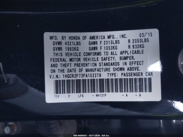 Продаж на аукціоні авто 2015 Honda Accord Ex, vin: 1HGCR2F73FA152278, номер лоту: 44580431