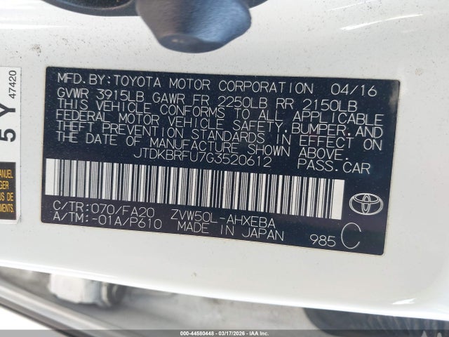 JTDKBRFU7G3520612 Toyota Prius Two