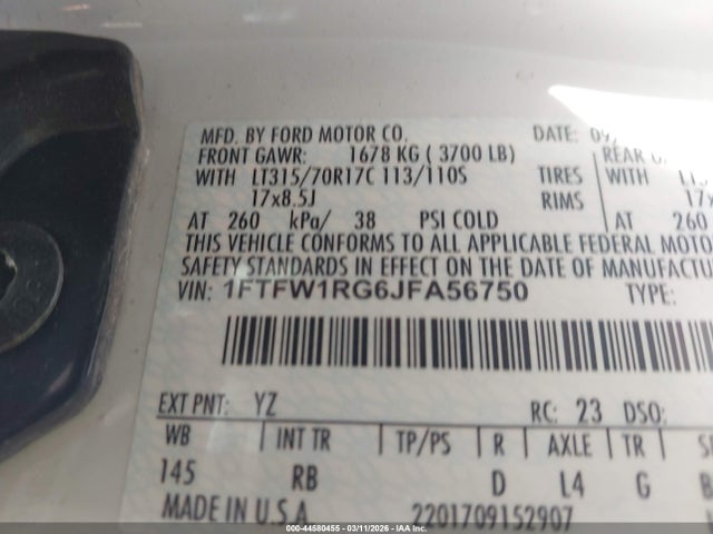 Продаж на аукціоні авто 2018 Ford F-150 Raptor, vin: 1FTFW1RG6JFA56750, номер лоту: 44580455