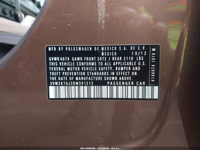 Aukcja sprzedaży 2013 Volkswagen Jetta 2.0l S, vin: 3VW2K7AJ3DM391213, numer aukcji: 44580469