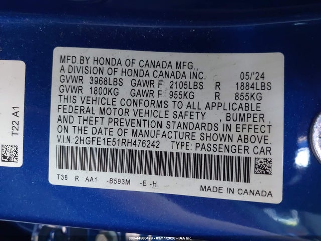 Honda CIVIC SI SEDAN 2024 2HGFE1E51RH476242 Image 9