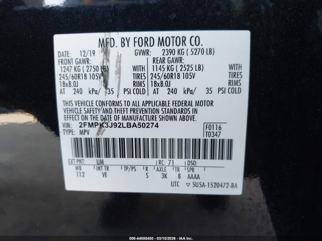 Ford EDGE SEL 2020 2FMPK3J92LBA50274 Image 9