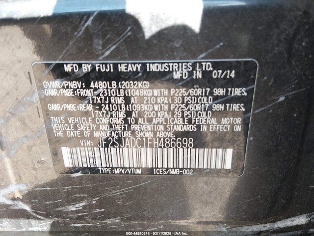2015 Subaru Forester 2.5i Premium მანქანა იყიდება აუქციონზე, vin: JF2SJADC1FH486698, აუქციონის ნომერი: 44580518