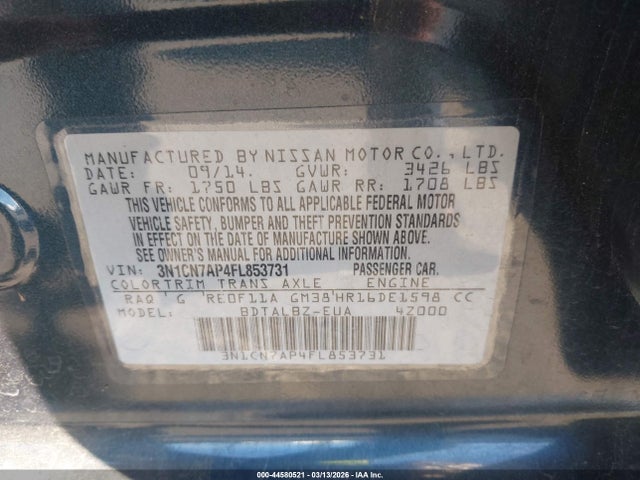 3N1CN7AP4FL853731 Nissan Versa 1.6 Sv