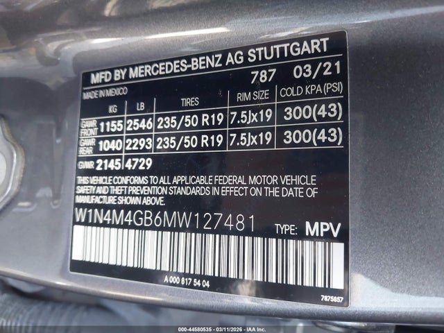 Aukcja sprzedaży 2021 Mercedes-benz Glb 250, vin: W1N4M4GB6MW127481, numer aukcji: 44580535