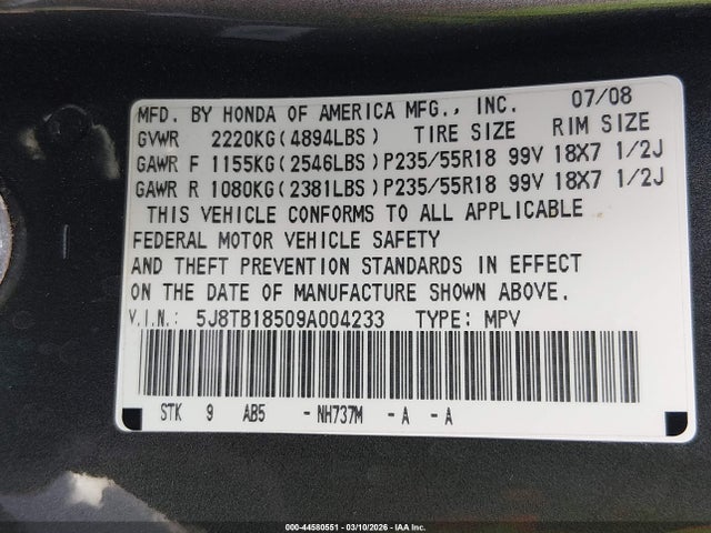 Продажа на аукционе авто 2009 Acura Rdx, vin: 5J8TB18509A004233, номер лота: 44580551