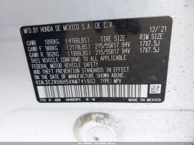 3CZRU6H5XNM741902 Honda Hr-v Awd Ex