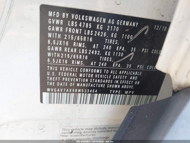 44580577 :رقم المزاد ، WVGAV7AX9BW533454 vin ، 2011 Volkswagen Tiguan S مزاد بيع