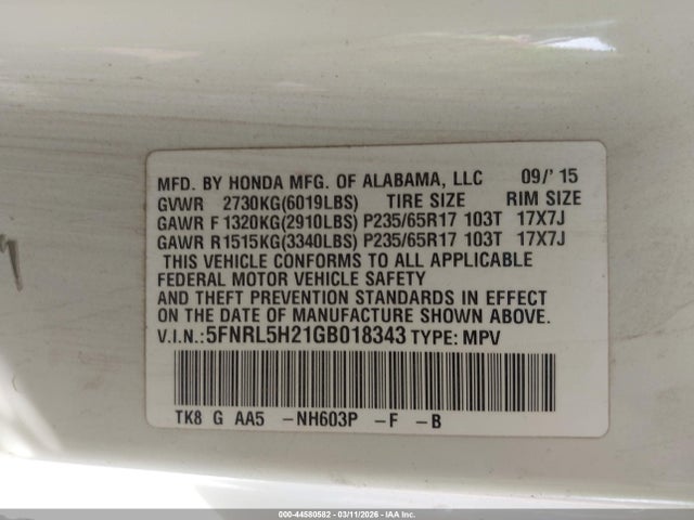5FNRL5H21GB018343 Honda ODYSSEY LX