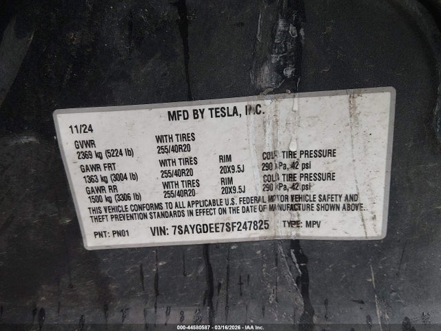 Продаж на аукціоні авто 2025 Tesla Model Y Long Range Dual Motor All-wheel Drive, vin: 7SAYGDEE7SF247825, номер лоту: 44580587
