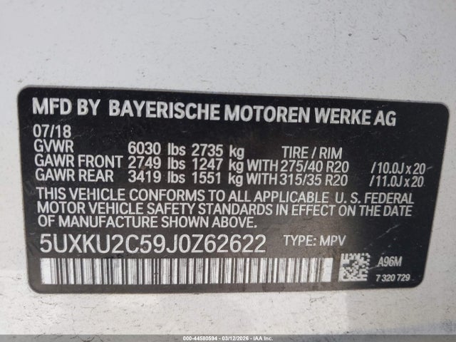 Продаж на аукціоні авто 2018 Bmw X6 Xdrive35i, vin: 5UXKU2C59J0Z62622, номер лоту: 44580594