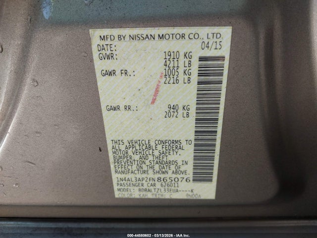 44580602 :رقم المزاد ، 1N4AL3AP2FN865076 vin ، 2015 Nissan Altima 2.5 Sl مزاد بيع