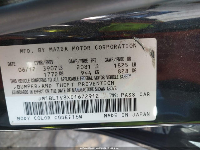Aukcja sprzedaży 2012 Mazda Mazda3, vin: JM1BL1V8XC1672912, numer aukcji: 44580611