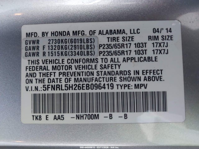 5FNRL5H26EB096419 Honda ODYSSEY LX