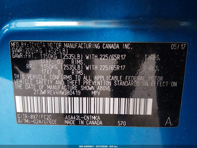 2T3WFREV4HW380419 Toyota Rav4 Xle
