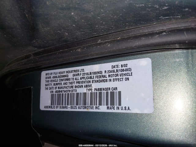 44580644 :رقم المزاد ، 4S3BH675437613773 vin ، 2003 Subaru Outback مزاد بيع