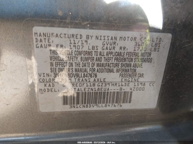 Nissan Versa S Xtronic Cvt 2020 3N1CN8DV9LL847676 Image 9