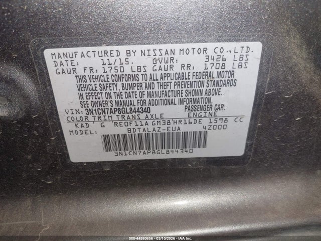 3N1CN7AP8GL844340 Nissan Versa 1.6 S+
