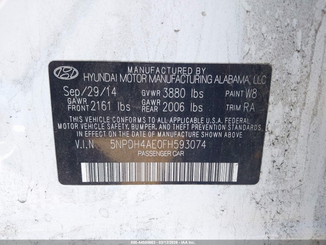 5NPDH4AE0FH593074 Hyundai ELANTRA SE