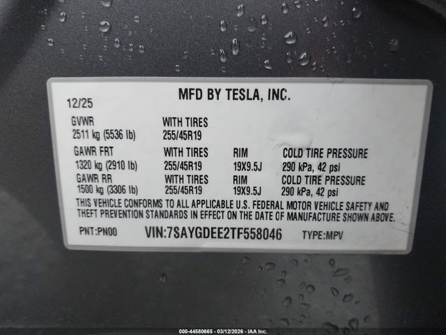 Aukcja sprzedaży 2026 Tesla Model Y All-wheel Drive/long Range Launch Series/premium All-wheel Drive, vin: 7SAYGDEE2TF558046, numer aukcji: 44580665
