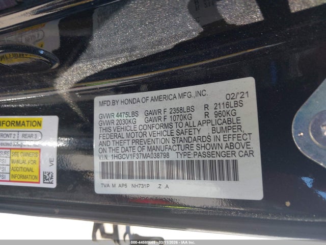 Продаж на аукціоні авто 2021 Honda Accord Sport, vin: 1HGCV1F37MA038798, номер лоту: 44580669