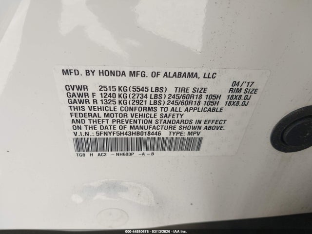 Honda Pilot Ex 2017 5FNYF5H43HB018446 Image 9