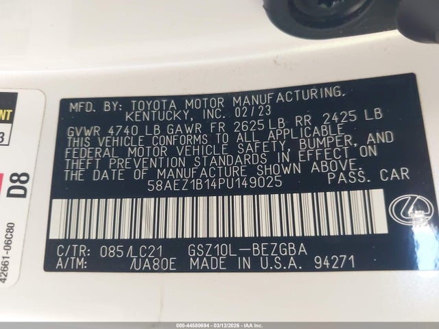 44580694 :رقم المزاد ، 58AEZ1B14PU149025 vin ، 2023 Lexus Es 350 Luxury مزاد بيع