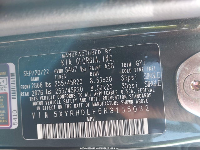 Aukcja sprzedaży 2022 Kia Sorento X-line Ex, vin: 5XYRHDLF6NG155032, numer aukcji: 44580696