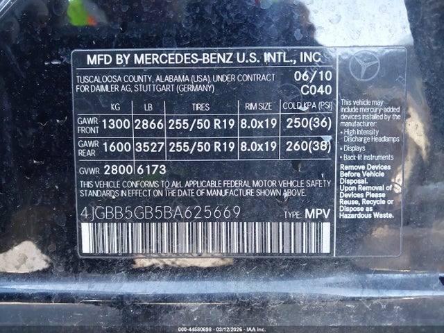 2011 Mercedes-benz Ml 350 მანქანა იყიდება აუქციონზე, vin: 4JGBB5GB5BA625669, აუქციონის ნომერი: 44580698