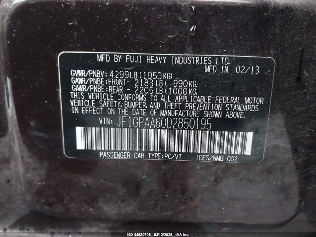 44580706 :رقم المزاد ، JF1GPAA60D2850195 vin ، 2013 Subaru Impreza Wagon 2.0i مزاد بيع
