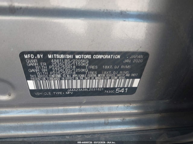 Aukcja sprzedaży 2020 Mitsubishi Outlander Es 2.4 S-awc/le 2.4 S-awc/se 2.4 S-awc/sel 2.4 S-awc/sp 2.4 S-awc, vin: JA4AZ3A38LZ031821, numer aukcji: 44580726