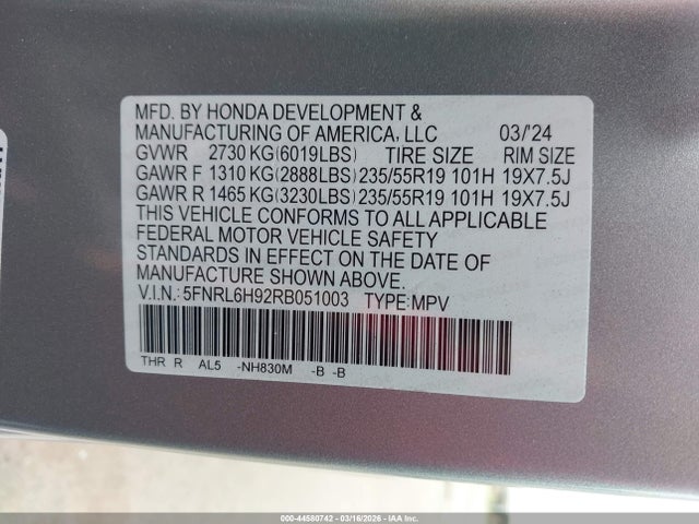 Продаж на аукціоні авто 2024 Honda Odyssey Elite, vin: 5FNRL6H92RB051003, номер лоту: 44580742