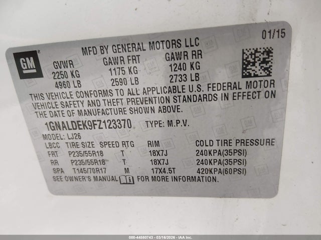 Продажа на аукционе авто 2015 Chevrolet Equinox Ltz, vin: 1GNALDEK9FZ123370, номер лота: 44580743