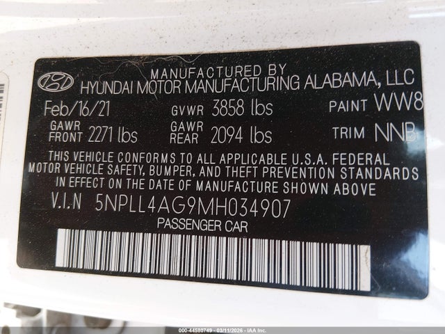 Продажа на аукционе авто 2021 Hyundai Elantra Se, vin: 5NPLL4AG9MH034907, номер лота: 44580749
