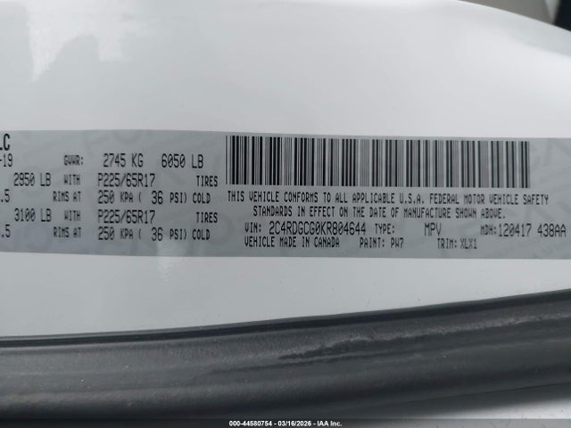 2C4RDGCG0KR804644 Dodge Grand Caravan Sxt
