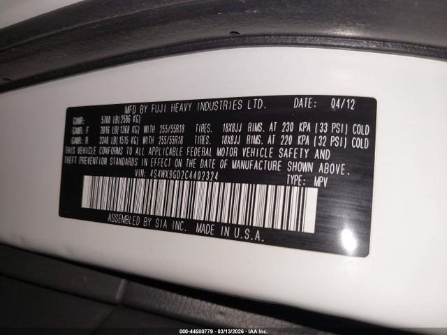 44580779 :رقم المزاد ، 4S4WX9GD2C4402324 vin ، 2012 Subaru Tribeca 3.6r Limited مزاد بيع