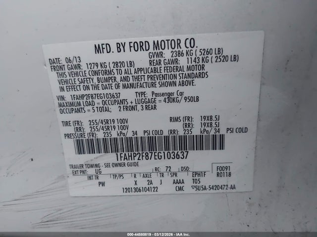 Ford Taurus Limited 2014 1FAHP2F87EG103637 Image 9