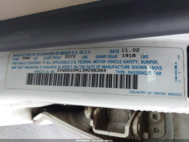 Aukcja sprzedaży 2003 Volkswagen Jetta Gls 2.0l, vin: 3VWSK69M13M098384, numer aukcji: 44580825