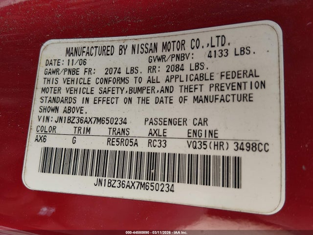 2007 NISSAN 350Z JN1BZ36AX7M650234 Photo 8
