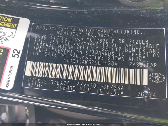 Aukcja sprzedaży 2023 Toyota Camry Se, vin: 4T1G11AK5PU084204, numer aukcji: 44580958