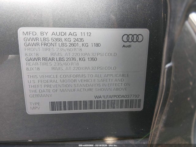 2013 Audi Q5 2.0t Premium მანქანა იყიდება აუქციონზე, vin: WA1LFAFP0DA037792, აუქციონის ნომერი: 44580968