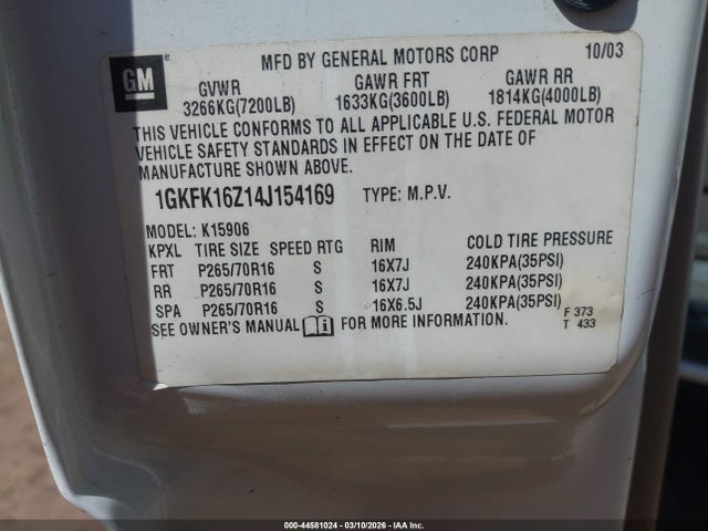Aukcja sprzedaży 2004 Gmc Yukon Xl 1500 Sle, vin: 1GKFK16Z14J154169, numer aukcji: 44581024